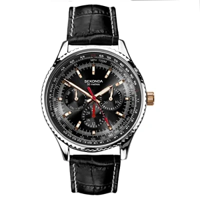 Image of Sekonda Classic Circuit Men&#039;s 43mm Chronograph Watch in Black with Analogue Date Display, and Gold Stainless Steel Strap 30203