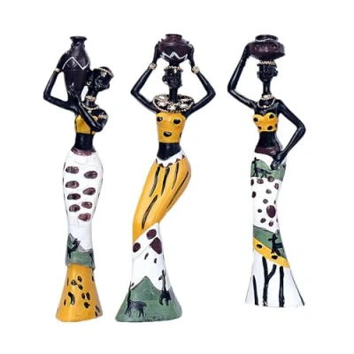 Image of MOONDAME African Girl Figurine Set Of 3 Colorful Tribal Lady Woman Resins Sculpture Statue Home Desktops Ornament Office Decors