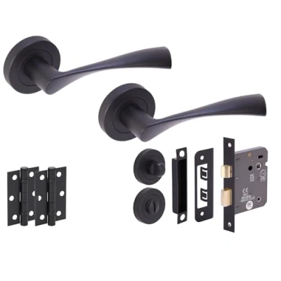Image of HANDLEZONE® Zena Door Handles on Rose Bathroom Lock Pack with Ball Bearing Hinges Black Matt
