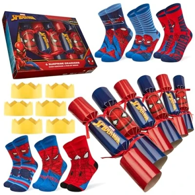 Image of Disney Stitch Christmas Crackers Set of 6 with Socks Inside One Size Crew Minnie Mouse Women Teenagers Kids Gifts (Red Spiderman Kid)