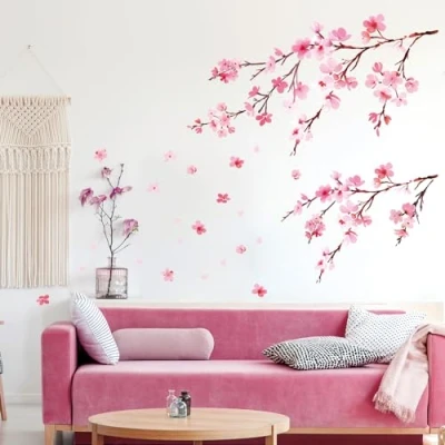 Image of DECOWALL DWL 2003 Watercolor Cherry Blossoms Kids Wall Stickers Decals Peel and Stick Removable for Nursery Bedroom Living Room Art murals Decorations