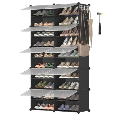 Image of SONGMICS Interlocking Shoe Rack, Plastic Storage Cabinet, 10 Slot Modular Organiser Unit, 30 x 40 cm for Each Slot, with Doors, Steel Frame, Panels, Black LPC035B01