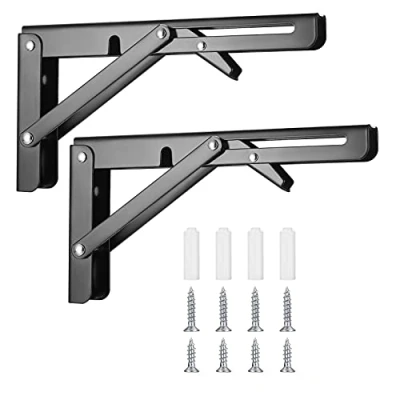 Image of 2 Pcs Folding Shelf Brackets, Heavy Duty Collapsible Bracket Wall Mounted, Metal Foldable L Right Angle Shelves Supporter Triangle Brackets for Bench Table Shelf, Black