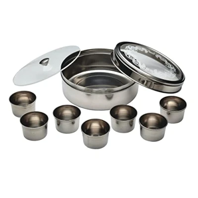Image of KitchenCraft World of Flavours Indian Spice Box for Masala Dabba, 7 Pots + Large Cover Lid, Stainless Steel, 17 x cm
