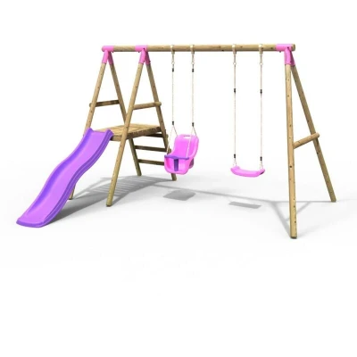 Image of Rebo® Odyssey Children&#039;s Wooden Swing Set with Platform and Slide Pink OutdoorToys Toddler Baby Seat, Strong Sturdy Pressure Treated Timber