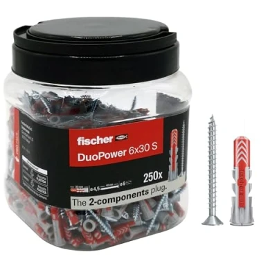Image of Fischer Propack Duopower 6x30, 250x Reusable Dowels with Screw in Jar, for Fixing on Concrete, Masonry and Drywall, 572885