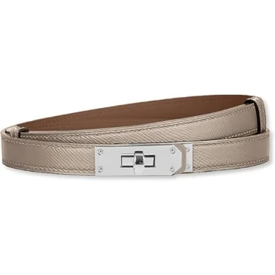 Image of baizhong Women Skinny Leather Belt Classic Solid Color Alloy Turn Lock Ladies Adjustable Slim Thin Waist （Light Khaki/Silver）