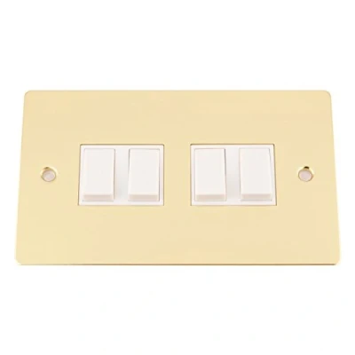 Image of Light Switch 4 Gang Polished Brass Flat White Insert Plastic 10 Amp Quad 2 Way