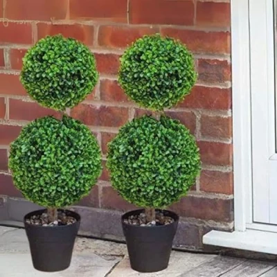 Image of Garden Mile® Green Topiary Tree Artificial Plantation Plants and Pots Artistic Round Ball Cut Bush for Doorway Front Porch Decking (Trio 2x Duo Ball)