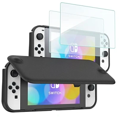 Image of ProCase Flip Cover Case for Nintendo Switch OLED 2021 with 2 Pack Tempered Glass Screen Protector Slim Soft Anti Scratch Protective Black