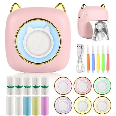 Image of GuKKK Mini Printer, Mobile Photo Portable 7 Colours LED, Wireless Thermal 10 Rolls Printer Paper and 5 Colouring Pencils, for Learning Notes, Journal, List