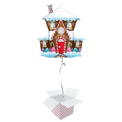 Image of Christmas Decorated Gingerbread House Helium Foil Giant Qualatex Balloon Inflated in a Box