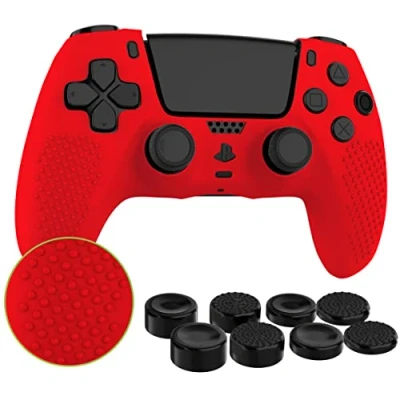 Image of MyGadget Silicone Skin Compatible with PS5 Controller 8 Thumbsticks (2 Pairs High 2 Low) Playstation 5 Dualsense Wireless Cover in Red