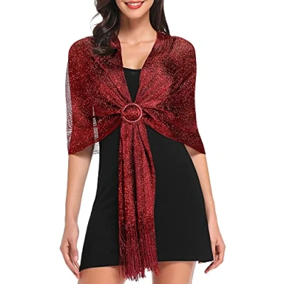 Image of vimate Shawls and Wraps for Women, Burgundy Sparkling Metallic Evening Scarfs Party Dresses（UK Burgundy）