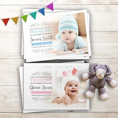 Image of Baby Thank You Cards, Personalised, Birth Announcement, Girl or Boy Cards (Design 11)
