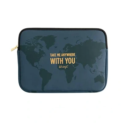 Image of Mr. Wonderful Universal World Map on Navy Blue Background and Take Me Anywhere with You Typography Quilted Reinforced Zip
