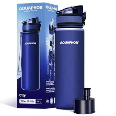 Image of AQUAPHOR City Bottle 500ml Navy Travel Water with Activated Carbon Filter Filters Chlorine &amp; Impurities Made of Tritan BPA Free Stay Hydrated On the Go!