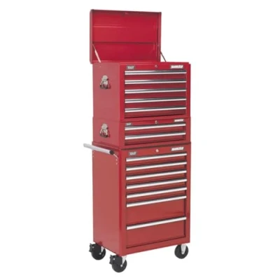 Image of Sealey Topchest, Mid Box &amp; Rollcab Combination 14 Drawer with Ball Bearing Slides Red