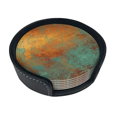 Image of Round Coasters, Trendy Rich Copper Patina Metallic,Mugs Pad Cups Mat Set of 6 Leather Drinks Coasters with Holder