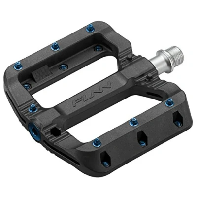 Image of Funn Black Magic Plastic Flat Mountain Bike Pedal Set Lightweight Wide Platform Bicycle Pedals for Stability, 9/16 inch CrMo Axle MTB/BMX/Urban/Gravel Riding (Blue Pins)