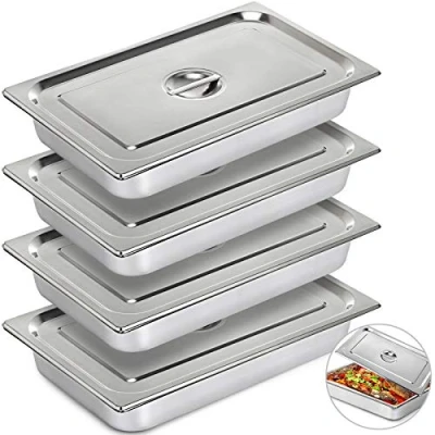 Image of KITGARN 4&quot; Deep Steam Table Pan Full Size 13L Food Container Stainless Steel Oven Tray Anti Jam Set of 4 Pans(4&quot;/4PCS)