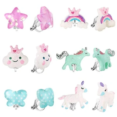 Image of Pinkgarden Clip on Earrings for Little Girls, Unicorn Rainbow Kids, 6 Pairs, Best Gift