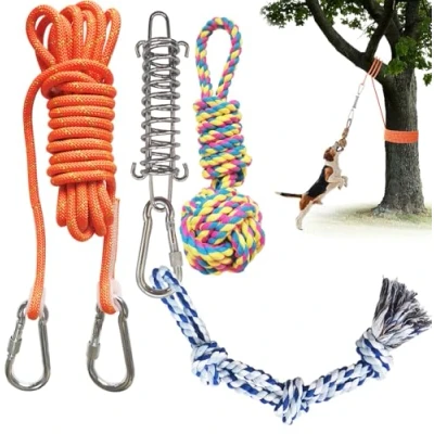 Image of TUAHOO Dog Outdoor Hanging Bungee Tug Toy, Interactive Tether Toy for Pitbull &amp; Small to Large Dogs Pull Exercise Solo Play, Tree of War with 2 Chew Rope