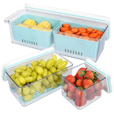 Image of BELLE VOUS 3 Pack of Stackable Produce Saver Fridge Storage Containers with Drain Baskets Reusable Plastic Food Organisers Lids for Fresh Vegetables/Fruit Dishwasher/Microwave Safe