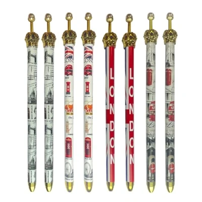 Image of LILAJ Set of 8 Pens with Golden Crown and White Clickable Pearl Featuring Royal Guard, Red Telephone Box, Union Jack, Bus Iconic London Landmarks Gift Perfect Collectible British Souvenir
