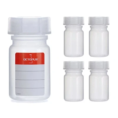 Image of Octopus 5x 50 ml LDPE wide mouth bottles with screw caps, empty chemical bottles, laboratory lids as storage containers for laboratory, kitchen or hobby