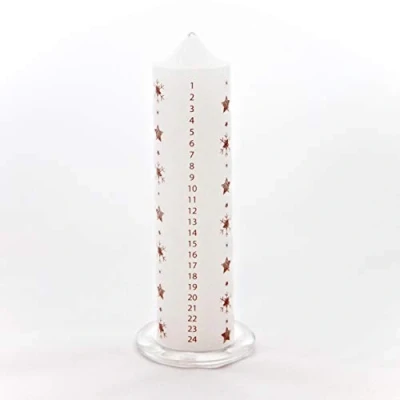 Image of Festive Wax Advent Candle with Glass Stand White Pillar Red Stars and Snowflakes