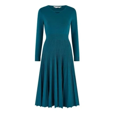 Image of Yumi Teal Knitted Pleated Skater Dress with Notch Neckline S