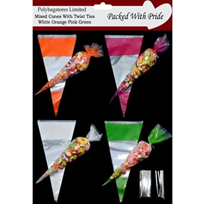 Image of 40 Mixed Cone Cello/CELLOPHANE/Sweet/Party Bags with Metalic Silver Twist Ties