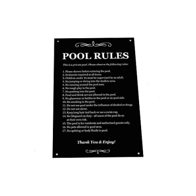 Image of Pool Rules Black &amp; White/Blue White Sign for outdoor use with a list of health and safety points about using swimming pool. Ideal in holiday accommodation (Black)