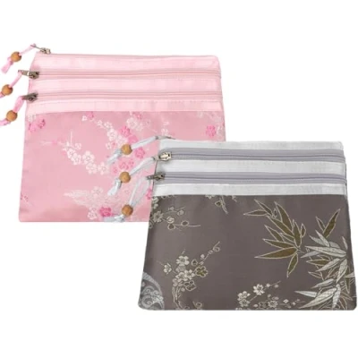 Image of kilofly Chinese Silk Brocade 3 Zipper Pockets Jewelry Pouch Bag, 7 inch, Set2 B
