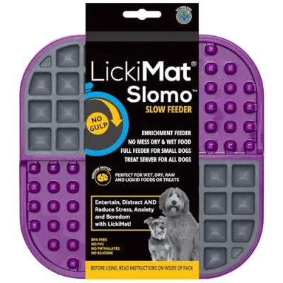Image of LickiMat Slomo, Dog Slow Feeders Lick Mat, Boredom Anxiety Reducer; Perfect for Food, Treats, Yogurt, or Peanut Butter. Fun Alternative to a Feed Bowl, Purple