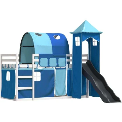 Image of Bunk Bed without Mattress with Slide and Curtains Blue 80x200 cm Vidaxl