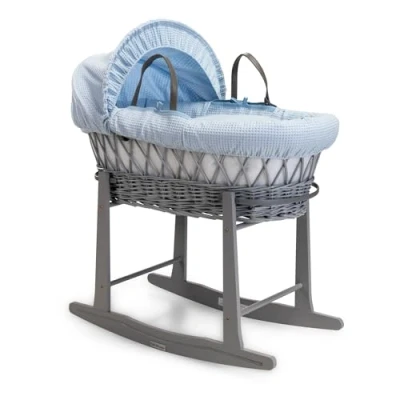 Image of Clair de Lune Waffle Grey Wicker Moses Basket with Standard Rocking Stand 68 x 30 cm (Blue)