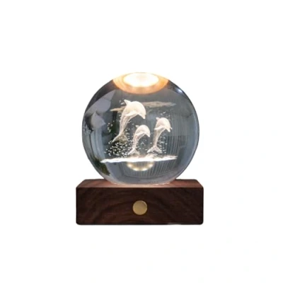 Image of Gingko Amber Crystal LED Light, Walnut Wood Base, Jumping Dolphin