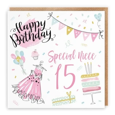 Image of Hunts England Niece 15th Birthday Card Happy Special 15 Party Collection Fun, Pink Dress, Cake Pretty