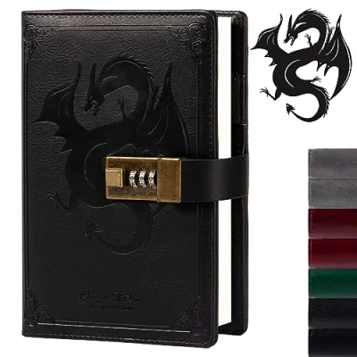Image of Dragon Leather Journal, Hardcover Notebook, Locked Refillable Diary, Lined/Blank Paper Writing Journals with Combination Lock for Men Women Child (Black)