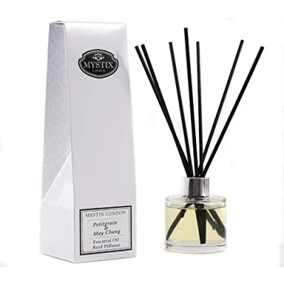 Image of Mystix London Essential Oil Reed Diffuser Petitgrain &amp; May Chang Scent Long Lasting Natural Aromatherapy for Home Office Safe Easy to Use 200ml Bottle