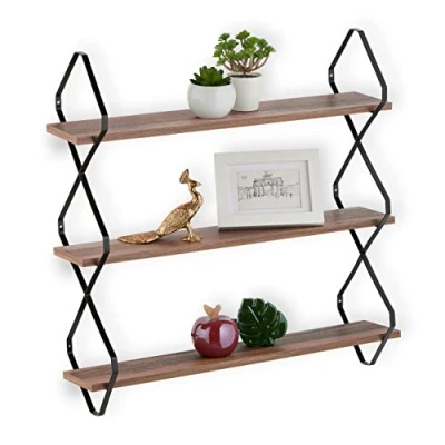Image of Relaxdays Wall Shelf, 3 Tiers, Decorative Storage, HWD: 60 x 18.5 cm, Industrial Design, MDF &amp; Metal, Brown/Black, Fibreboard