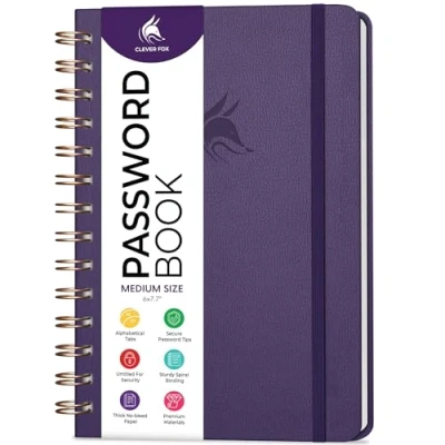 Image of Clever Fox Password Book Spiral Internet Address &amp; Organizer with Laminated Alphabetical Tabs Keeper Journal Hardcover, Medium Size, 15.5x19.6cm (Purple)