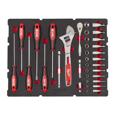 Image of Milwaukee PACKOUT 1/4 Inch Ratchet Wrench and Screwdriver Set, 35 Pieces (with Foam Insert, Millimeters, Mechanical)