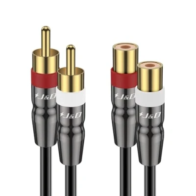Image of J&amp;D 2 RCA Extension Cable Male to Female, Copper Shell Gold Plated 2RCA Female Stereo Audio Extender Cord Adapter, 1.8 Meter