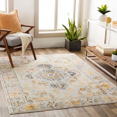 Image of Livabliss Palma Vintage Rug Area Rugs Living Room 200x274 cm, Dining Floor, Kitchen, Traditional Multicoloured Boho Rug, Easy Care Pile, Bohemian Large Beige, Mustard and Grey