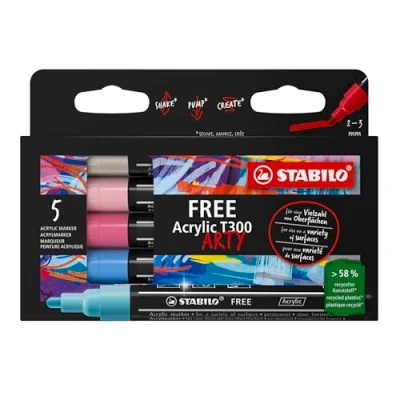 Image of Acrylic Marker STABILO FREE ARTY T300 Round Tip 2 3mm Pack of 5 CANDY Assorted Colours