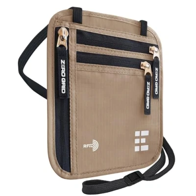 Image of Zero Grid Neck Wallet w/RFID Blocking Concealed Travel Pouch &amp; Passport Holder (One Size, Desert Sand)