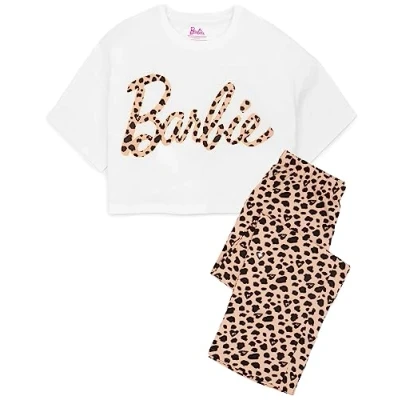 Image of Barbie Pyjamas For Women Ladies Leopard Animal Print Doll Logo Loungewear White Cropped T Shirt with Nude PJs Bottoms